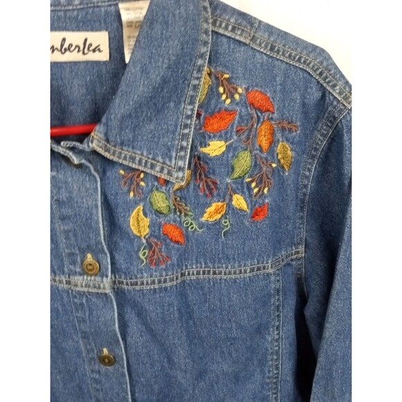 Vintage Timberlea Blue Denim Button Up Shirt Jacket Embroidered Leafs SIZE L/G - Picture 3 of 12